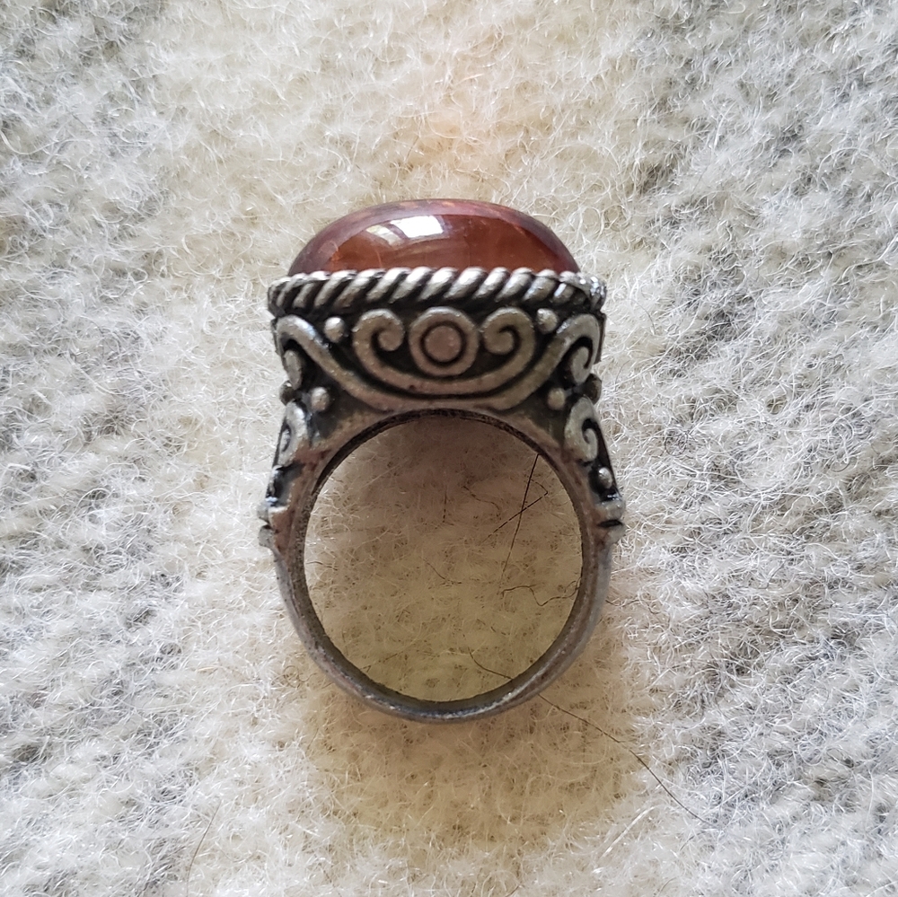 Glass amber statement ring large tall engraved